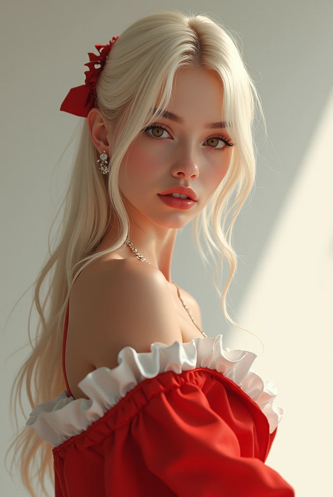 pretty woman, blonde hair, red short dress with ruffles and white stripes, white background, full body portrait, beautiful woman, perfect face, make up