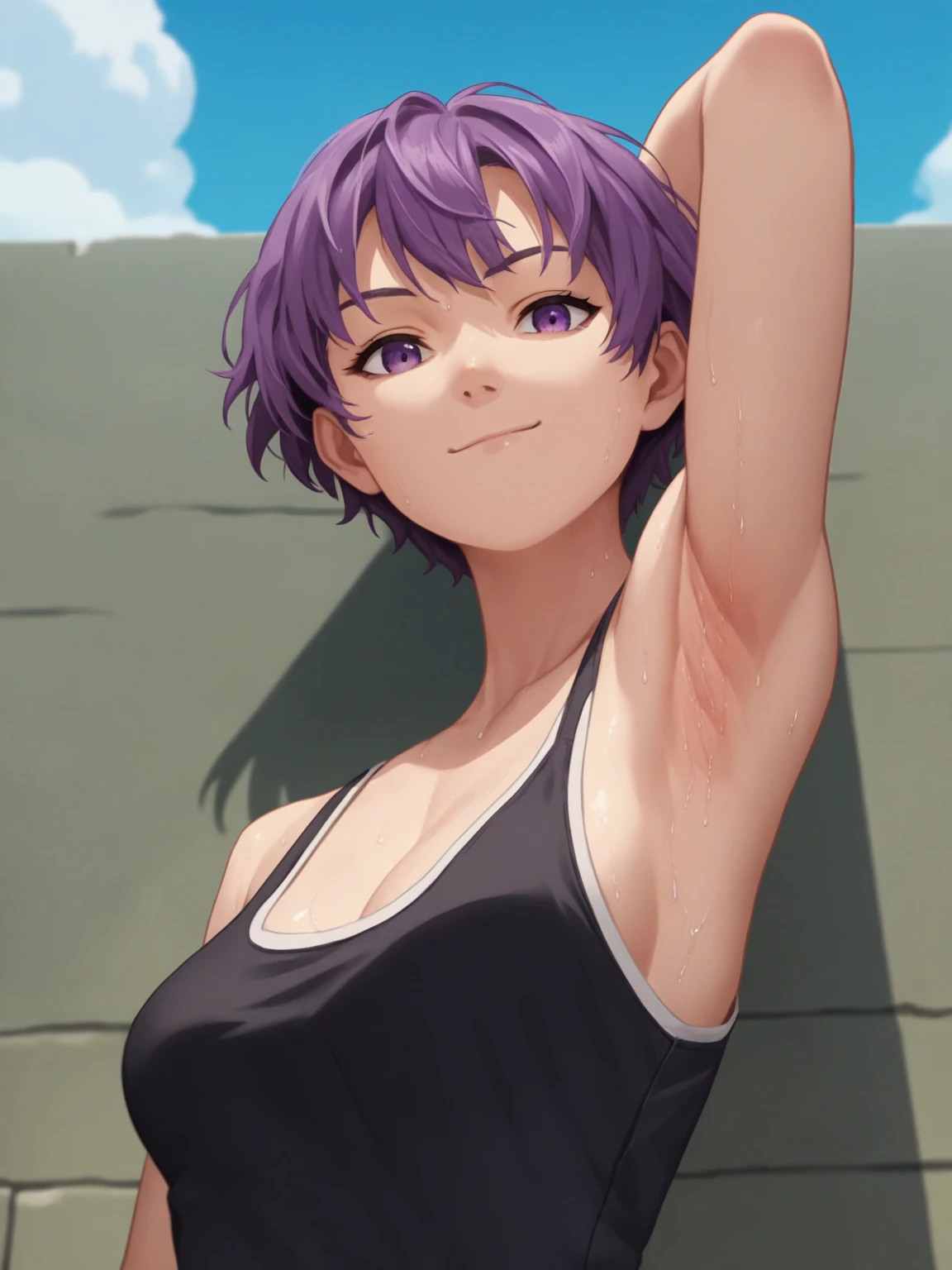 score_9, score_8_up, score_7_up, source_anime, anime screencap, 1girl, solo, shidare hotaru, short hair, purple hair, purple eyes, medium breasts, white shirt, arm behind head, armpit, armpit focus, from side, (from below:1.1), looking at viewer, head towards viewer, smile, closed mouth, badhandv4, outdoors, day, sweaty armpits