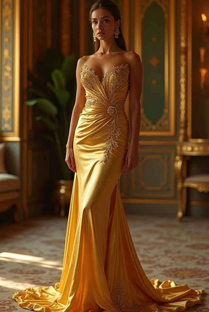 arafed woman in a yellow dress leaning against a column, elegant fashion model, a model on a yacht in porto fino, wearing an elegant dress, lady using yellow dress, soft silk dress, wearing an evening gown, silk dress, elegant dress, half-turned lady in evening gown, light green dress, haute couture fashion shoot, golden dress, flowing gown, yellow and olive color scheme