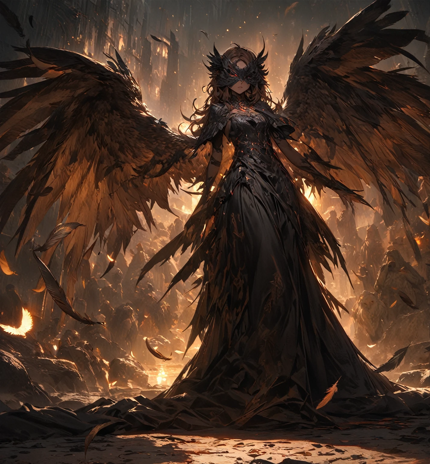  Facing Camera ，Standing on the ground， Perfect Full Body Character Watch，Birdie character，A female demon ，Slim ，Medium build， Smooth brown skin , Light tattoo on skin ， dark ， wearing a black down dress，Eyes covered ， forehead covered with an owl tip armor， ears covered with upward owl wings， Hair Decorated on both sides Feather hair ornament ， Giant owl wings ，Wearing a black gothic black down duvet dress covered in brown feathers ，[ Vibrant appearance , Creative Behavior , Imaginative, Sensibility, spontaneous, skin texture， [[ Ultra wide angle lens ，Remote Panorama ，masterpiece,  Alina ,  Highly Detailed , Super Fine， Height Detail ，Light Tracking ， movie light effect ,  illustration,  8K Resolution Concept Art ， Dark fantasy art ， Dark Fantasy Character Design ， Concept Art Wallpaper ， Epic Dramatic Atmosphere ,  Height Detail, fantasy realism,   Professional Digital Art ,