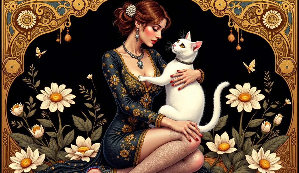 ((masterpiece)) ((photography)) ((Highest quality)) An elegant steampunk woman dressed in a tight, short black dress embroidered with gold in a late 19th-century style. She is adorned with black, gold, and ivory jewelry accented with silver highlights. She tenderly embraces a white steampunk cat, exuding both sophistication and warmth. The composition is framed by a golden border, with intricate gears floating around her. She wears high-heeled shoes paired with lace stockings featuring intricate patterns. The illustration is crafted in alcohol ink, blending Art Nouveau aesthetics with elements of realism inspired by Alphonse Mucha. The background features stylized floral motifs in gold, silver, and ivory, set against a dark backdrop reminiscent of Klimt's ornate style.