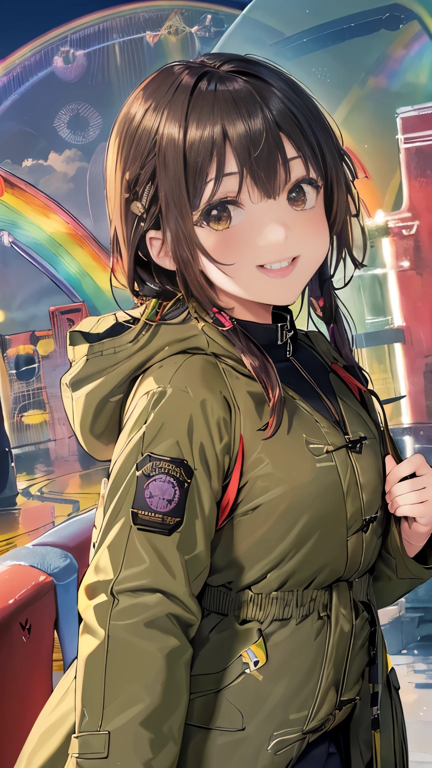 (Rainbow Bridge:1.5), (Detective wearing an olive-colored M-51 Fishtail Parka trying to block the Rainbow Bridge:1.5), (constricted waist:1.3), (full bodyesbian:1.3), (Smiling:1.3)