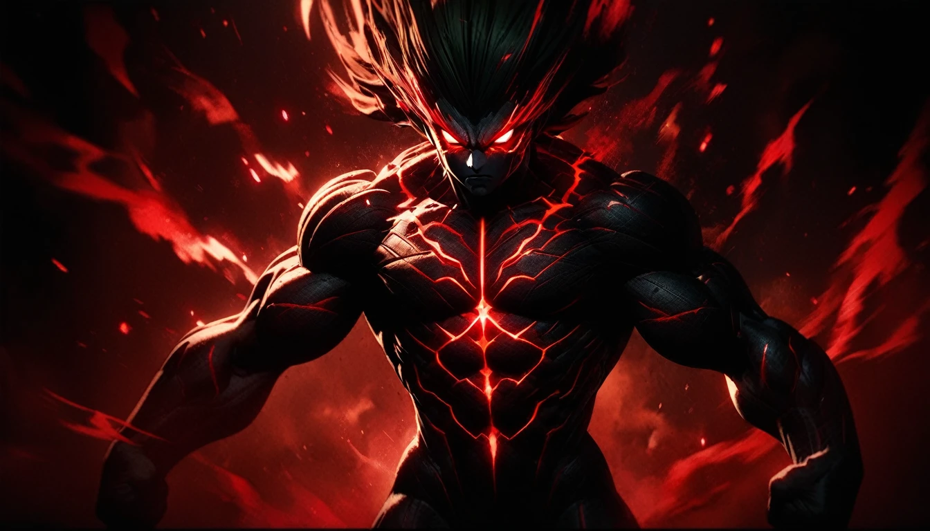 Gon adult transformation, 1men, long hair upwards, floating up hair,black skin dark matter sparkles, nude torso,black and white aura, dark background,male muscular body , serious, red glowing eyes,,,muscular aesthetic, black aura, rage, masterpiece, best quality, extremely detailed, highly quality, 4k, sharp focus, professional, sharp focus, award winning, cinematic lighting, octane render, unreal engine, volumetrics dtx, Wallpaper,