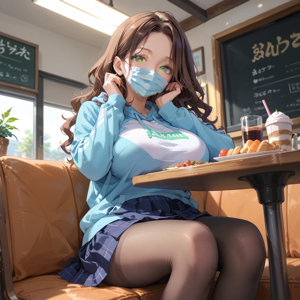 score_9,score_8_up,score_7_up,rating_explicit, source_anime,POV,rating_safe,
milf woman,(best quality),brown hair, wavy hair, (large breasts),cafe,looking at viewer,upper body,mask mouth,head rest,sweatshirt,across table BREAK (view and skirt focus view),from below,skirt,pantyhose,(multiple view)