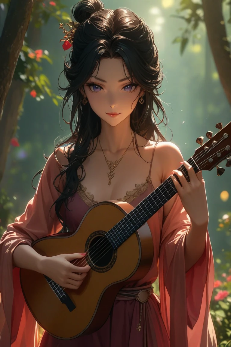 (Better Quality,4K,High resolution:1.2),Ultra-detailed,Realist,Beautiful and fine details,Beautiful lip detail,Highly detailed eyes and face,Long eyelashes,1 female,Woman sitting on a tree trunk playing guitar,autumn's,Fallen leaves,Light and Shadow of the Movie,khd,photoRealist:Bright colors:1.1,Bright leaves:1.1,natural backlight:1.1,Calm expression,Soft and warm sunlight,Happy atmosphere,rich vegetation,Melodic Voice,Microphone in hand,Flowing green dress,Loose, flowing hair,Floating notes,Mike stand,Increased contrast:1.1,Dynamic pose,Smooth bokeh:1.1, Draw a music festival poster,Playing the banjo,Musical note elements