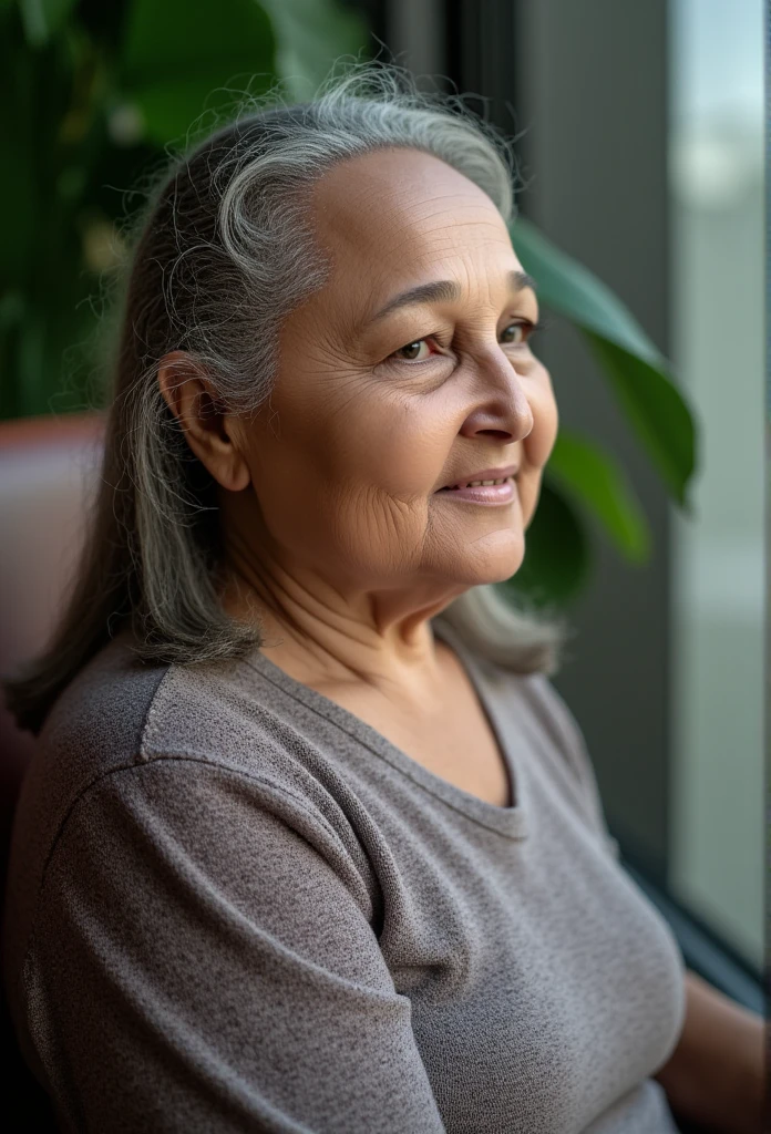 A happy elderly woman, professor, elegant, warm smile, kind eyes, detailed facial features, beautiful coffee color hair, cozy sweater, sitting in a comfortable armchair, warm lighting, soft colors, photorealistic, 8k, high quality, digital art