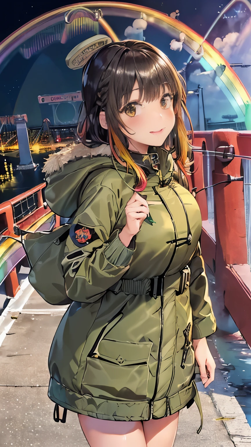 (Rainbow Bridge:1.5), (Detective wearing an olive-colored M-51 Fishtail Parka trying to block the Rainbow Bridge:1.5), (constricted waist:1.3), (full bodyesbian:1.3)