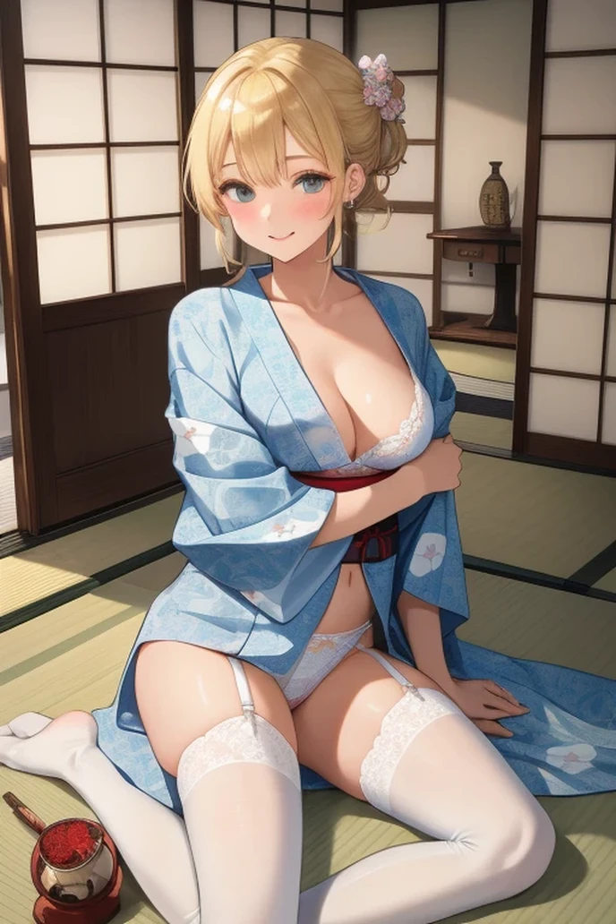 best,Top image quality,Top resolution,1girl in, cute little, ,Thin blonde，blue eyes,animesque,de pele branca,a short bob,very large breast,A smile,Tatami mats,A slender,showing nipple, Kimono,A sexy,amorous,seductiv,Red cheeks,Showing the crotch,Highlights in the eyes, Visible,perspiring,The fabric is transparent,is sheer,Midnight,a ,Bare legged,cowboy  shot,(barechested:1.3),The dough is thin,papillae stand,Colossal tits,protruding papillae,The kimono is taken off.,traditional Japanese room,open one's legs,Opening legs,No underwear,Sleep on tatami mats,No kimono on the front of the body,childish,Roll up your kimono,The kimono is fluttering