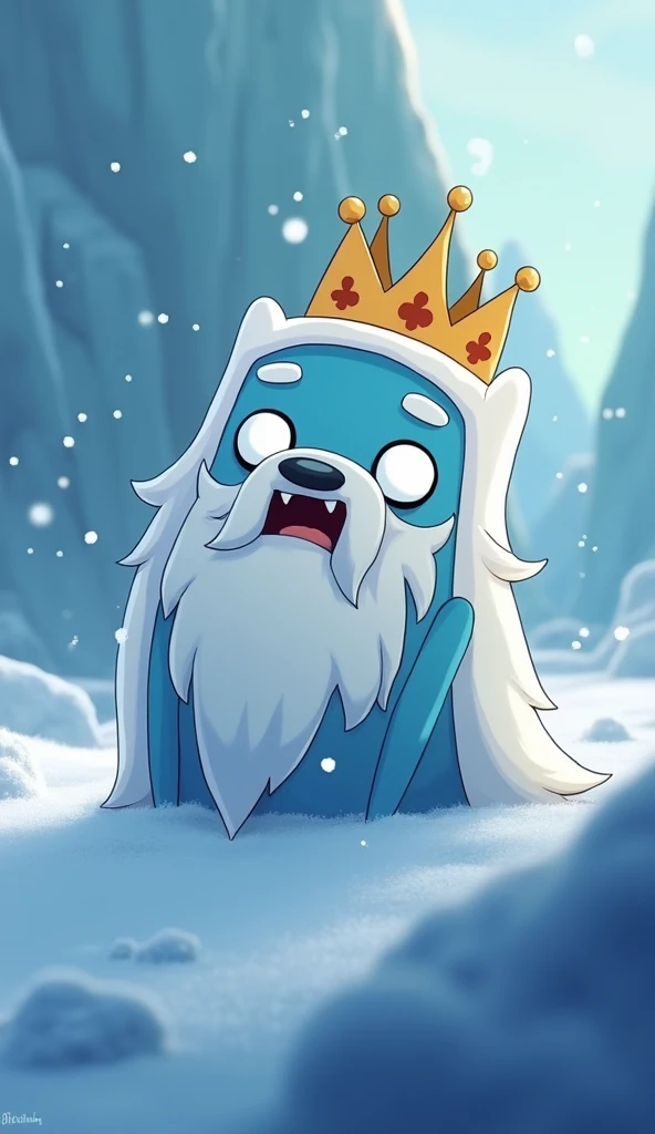 Create a scene featuring ice king od adventure time. The character should have expressive face with wide, innocent eyes and a soft, heartwarming atmosphere.
