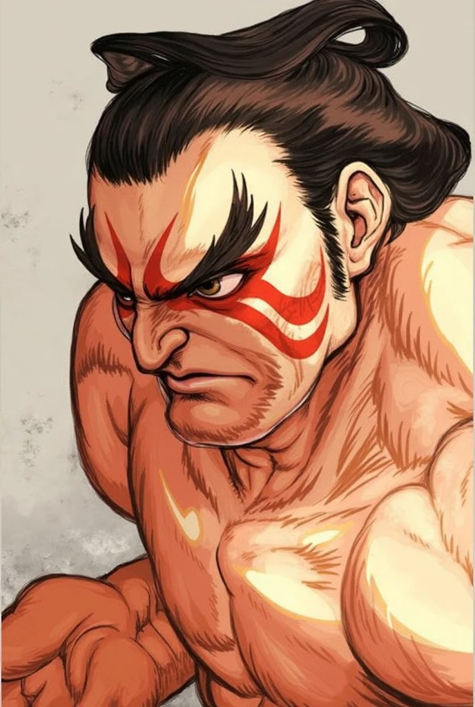 Ryu from Street fighter strong and robust as the Oni Kaido with the tattoo of a dragon on one side of his breastplate, (pele morena), (um olho fechado), cicatriz no olho, cabelo castanho. sozinho, parte superior do corpo, (((obra-prima))), ((melhor qualidade)), (extremamente detalhado), Aquarela, profundidade de campo, sketchfab, sombras escuras intensas, foco nítido, soft-lighting, HDR, Colouring, good composition, raio ao redor, espetacular, olhos negros, fundo coeso, anatomia otima, Wanostyle