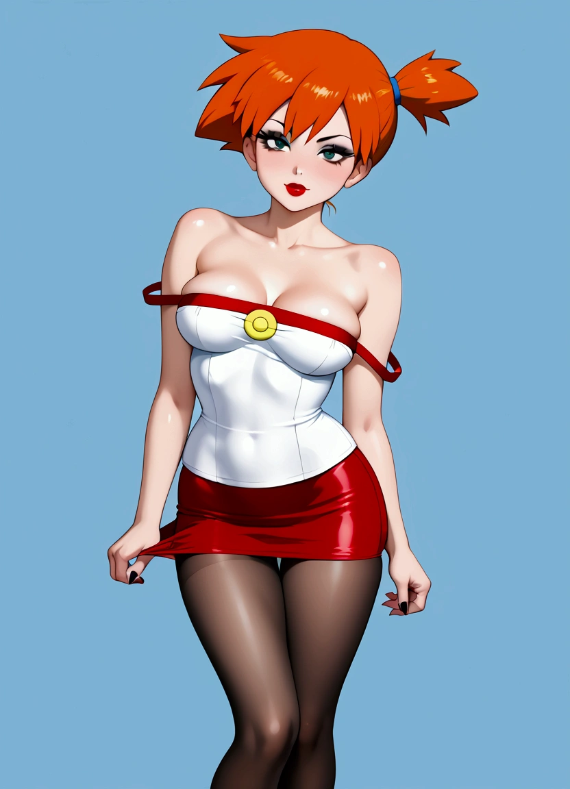 Evil, cruel, Misty from Pokémon, tight mini skirt and pantyhose, sexy perfect breasts, seductive dark make-up, red lipstick, black mascara, black eyeliner, long sexy eyelashes, extreme hottie, long sexy beautiful legs, pulls down her blouse to show breasts, striptease