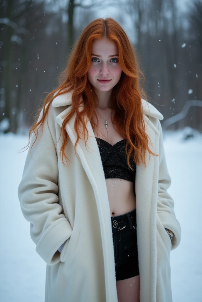 ginger, Artistic Portrait 18yo beautiful woman, perfect nose, perfect face, perfect, gorgerous, slim girl , Caucasian, white skin, white eyes, snowstorm, snow, wind, blizzard, light theme, steampunk outfit, black eyeliner, cinematic light, Night Photography, Light Beans, dramatic light, intricate details <lora:ginger_v03:0.6> <lora:steampunkengis_ss13_mech:1>