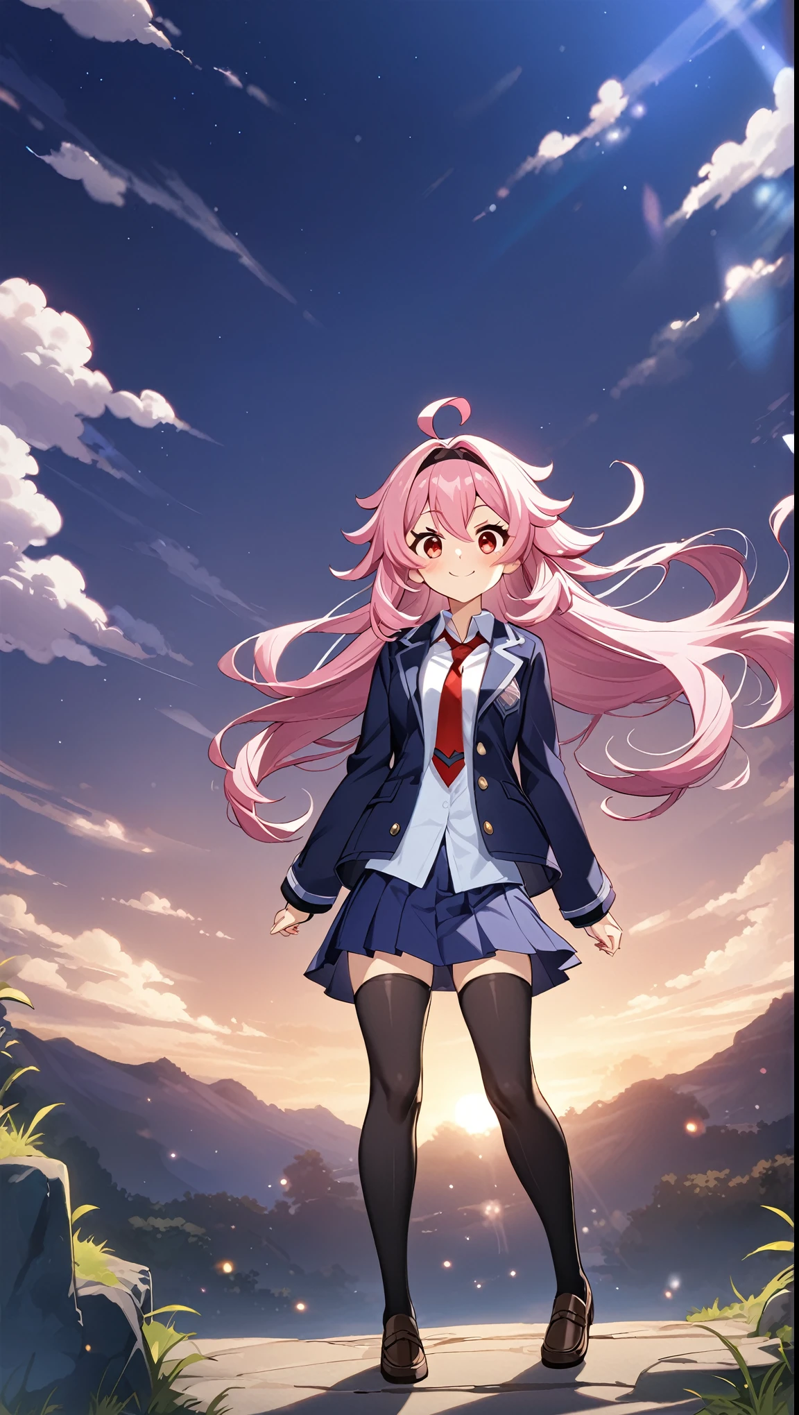 standing, cute, round eyes, smile, pretty, , red necktie, brown shoes, girl, indigo school uniform jacket, white school uniform shirt, floating hair, indigo school uniform skirt, very messy hair, ahoge, pink hair, spiked hair, long hair, red eyes, black hairband, 1girl, full black stocking, best quality, amazing quality, very aesthetic, highres, incredibly absurd, masterpiece, japanese anime, genshin art style,