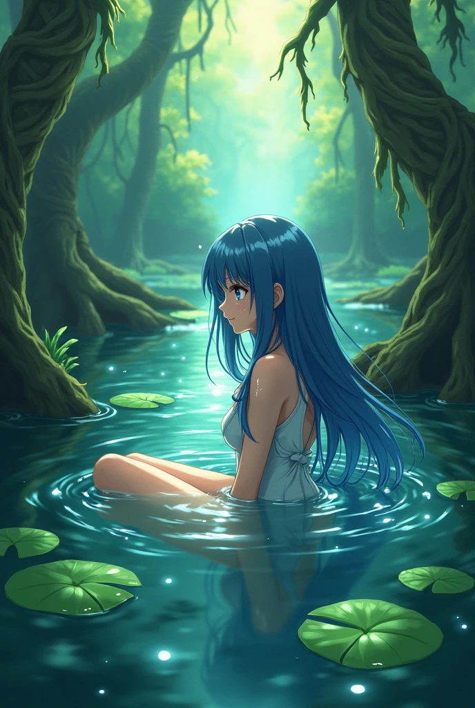 ((A far view)) of a black-haired anime  girl, (sitting in the (river)), ((strong sunlight)), cinematic light, slim body, skin is perfectly healthy, soft, and smooth, Extremely delicate and beautiful CG illustration, best quality, high resolution, dynamic angle, full-length lens, (1 girl), floating, soft light, high-key lighting), glowing light, blue halo, blue crystal, ((very cinematic)), ((half naked)), (raining: 1.2), barefoot