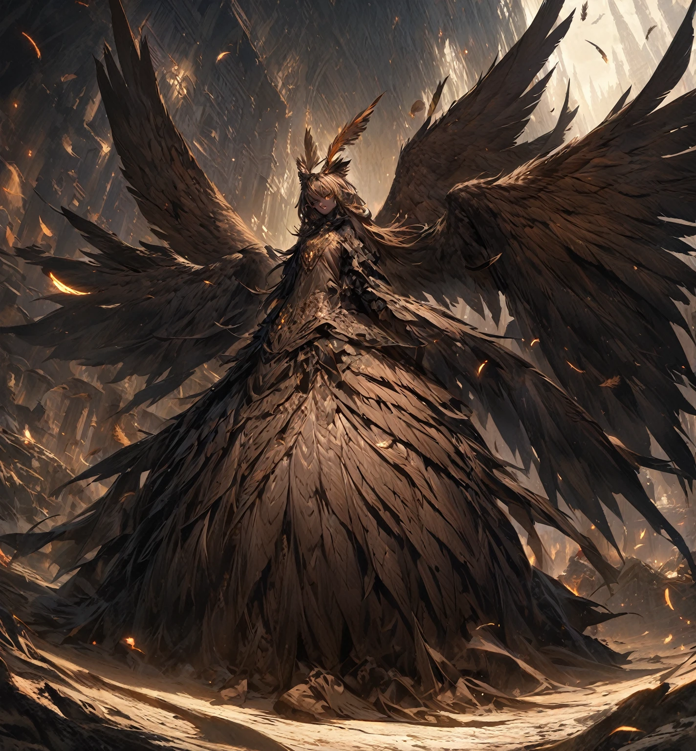  Facing Camera ，Standing on the ground， Perfect Full Body Character Watch，Birdie character，A female demon ，Slim ，Medium build， Smooth brown skin , Light tattoo on skin ， dark ， wears a black down dress ，Owl's head ， with delicate long yellow eyes， ears covered with upward owl wings， Hair Decorated on both sides Feather hair ornament ， Giant owl wings ，Wearing a black gothic black down duvet dress covered in brown feathers ，[ Vibrant appearance , Creative Behavior , Imaginative, Sensibility, spontaneous, skin texture， [[ Ultra wide angle lens ，Remote Panorama ，masterpiece,  Alina ,  Highly Detailed , Super Fine， Height Detail ，Light Tracking ， movie light effect ,  illustration,  8K Resolution Concept Art ， Dark fantasy art ， Dark Fantasy Character Design ， Concept Art Wallpaper ， Epic Dramatic Atmosphere ,  Height Detail, fantasy realism,   Professional Digital Art ,