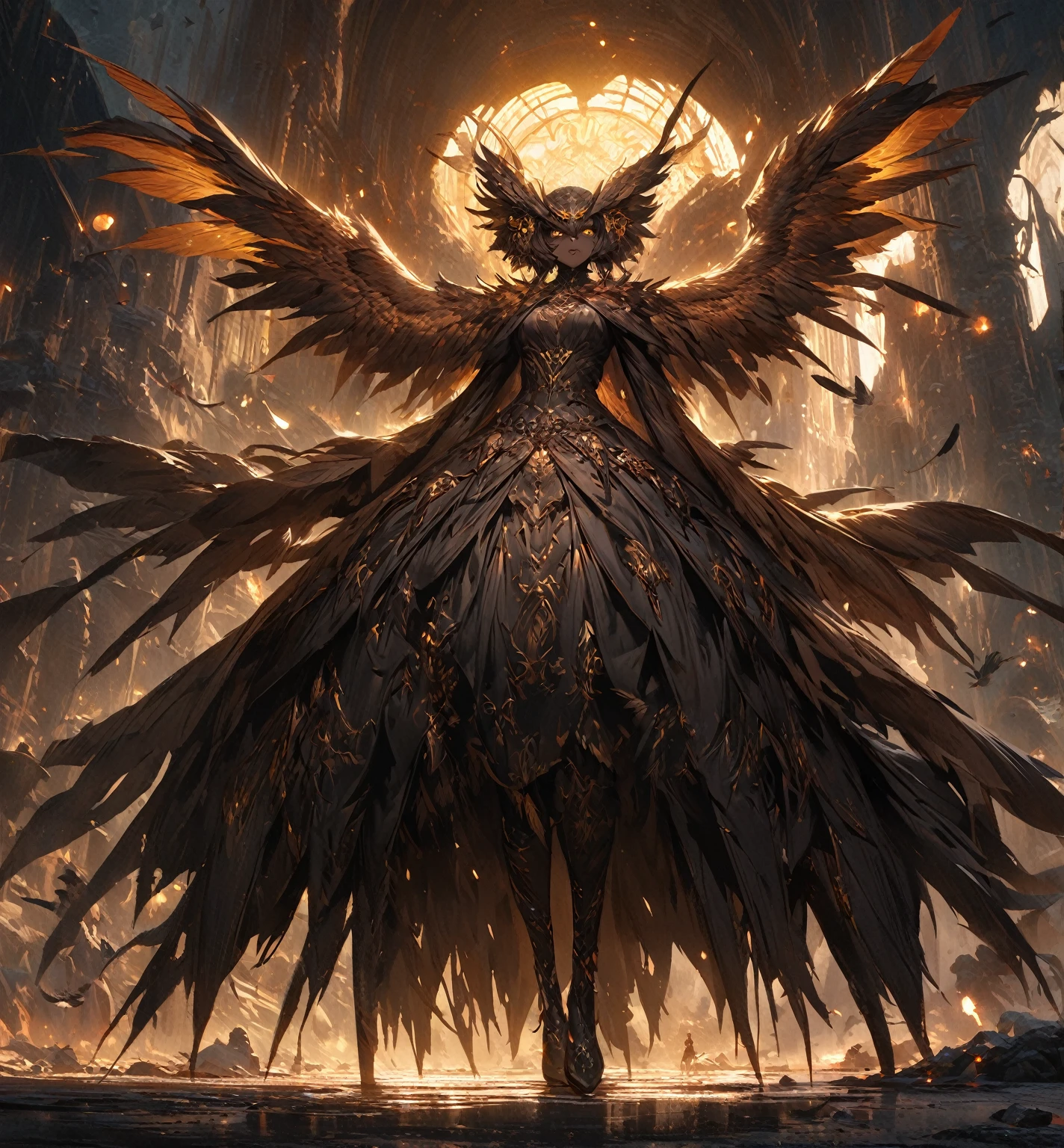  Facing Camera ，Standing on the ground， Perfect Full Body Character Watch，Birdie character，A female demon ，Slim ，Medium build， Smooth brown skin , Light tattoo on skin ， dark ， wears a black down dress ，Owl's head ， with delicate long yellow eyes， ears covered with upward owl wings， Hair Decorated on both sides Feather hair ornament ， Giant owl wings ，Wearing a black gothic black down duvet dress covered in brown feathers ，[ Vibrant appearance , Creative Behavior , Imaginative, Sensibility, spontaneous, skin texture， [[ Ultra wide angle lens ，Remote Panorama ，masterpiece,  Alina ,  Highly Detailed , Super Fine， Height Detail ，Light Tracking ， movie light effect ,  illustration,  8K Resolution Concept Art ， Dark fantasy art ， Dark Fantasy Character Design ， Concept Art Wallpaper ， Epic Dramatic Atmosphere ,  Height Detail, fantasy realism,   Professional Digital Art ,