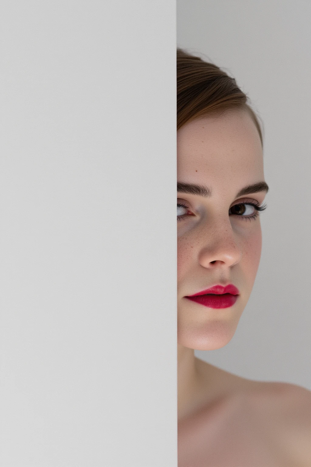 A captivating minimalist portrait of a shy and alluring Emma Watson. The left half of her face is visible, with her delicate features seamlessly merging into a blank canvas of white. Her soft, bright red lips contrast against the monochromatic background, drawing the viewer's attention. Her eyes hold a subtle, mysterious expression that exudes both haunting and enchanting vibes. The simplicity of the composition, with its stark contrast, evokes a sense of ethereal beauty. by Sasan
