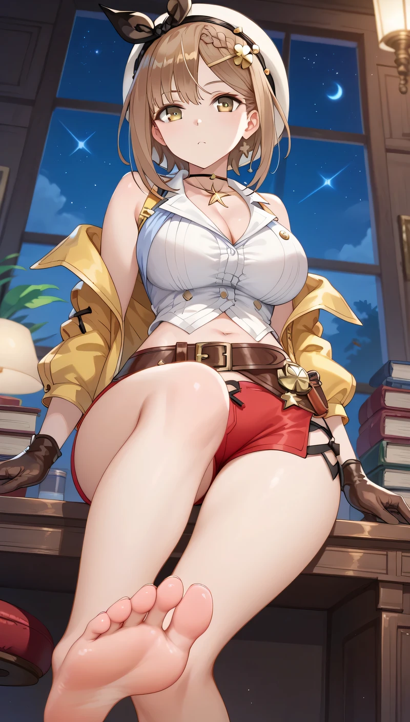 high resolution, (alchemy), girl victory, Liza's room,      Atelier Ryza     , (Squinting and expressionless ), the girl is young,  the girl has big breasts, (very thin waist), big butt, thighs, Thin arms、slender body, (the girl is cute), brown hair, straight short Hair, (Lizarin =Stout ),  yellow sleeveless jacket with hood 、 cleavage、natural shirt with open chest、 choker with star、Leather gloves、 red shorts with buttons off 、  headband with black bow 、 brown leather belt 、belly button、jitome, night,   Angle from below, Take off half of your pants 、close up sole, (showing off shorts),Cross your legs、 the girl sits on a chair and touches my face with one foot , Showing off the soles of your feet, (I'm licking the soles of her feet)、