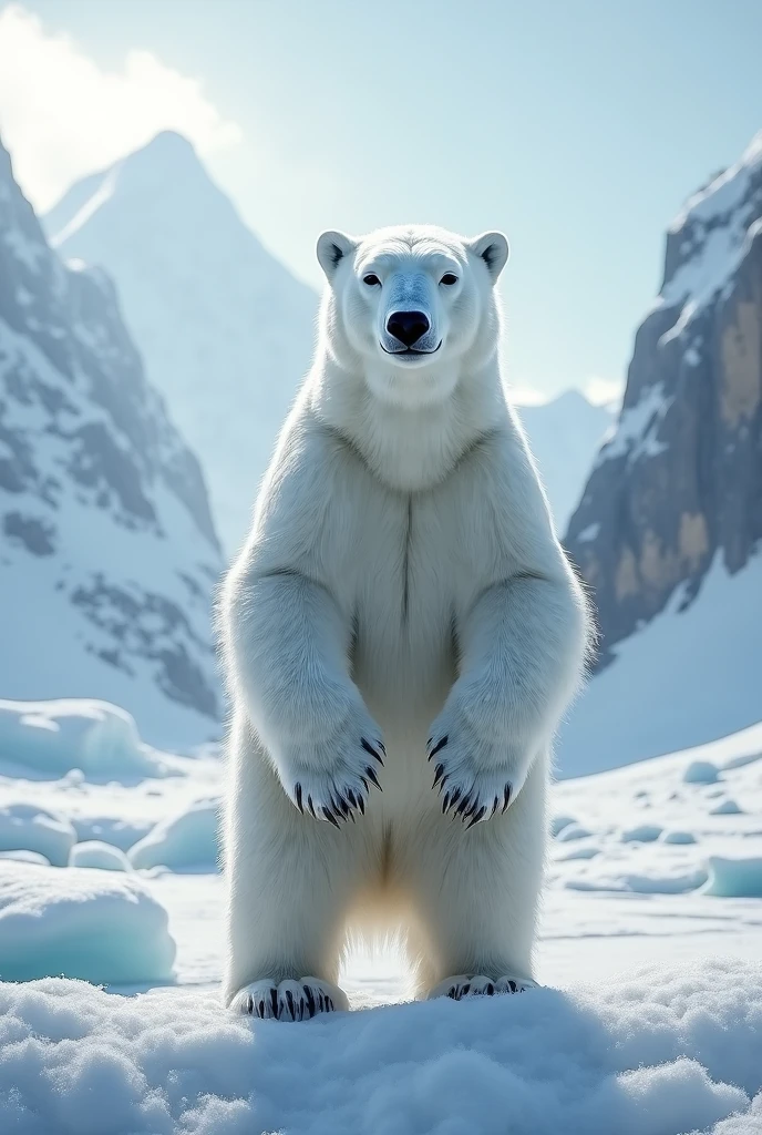 A humorous photograph of a polar bear miming human activity, human-like pose, funny, human expression, natural setting, medium distance shot, telephoto lens, evoking the concept of air guitar, highly detailed, ultra-sharp focus, 8k UHD