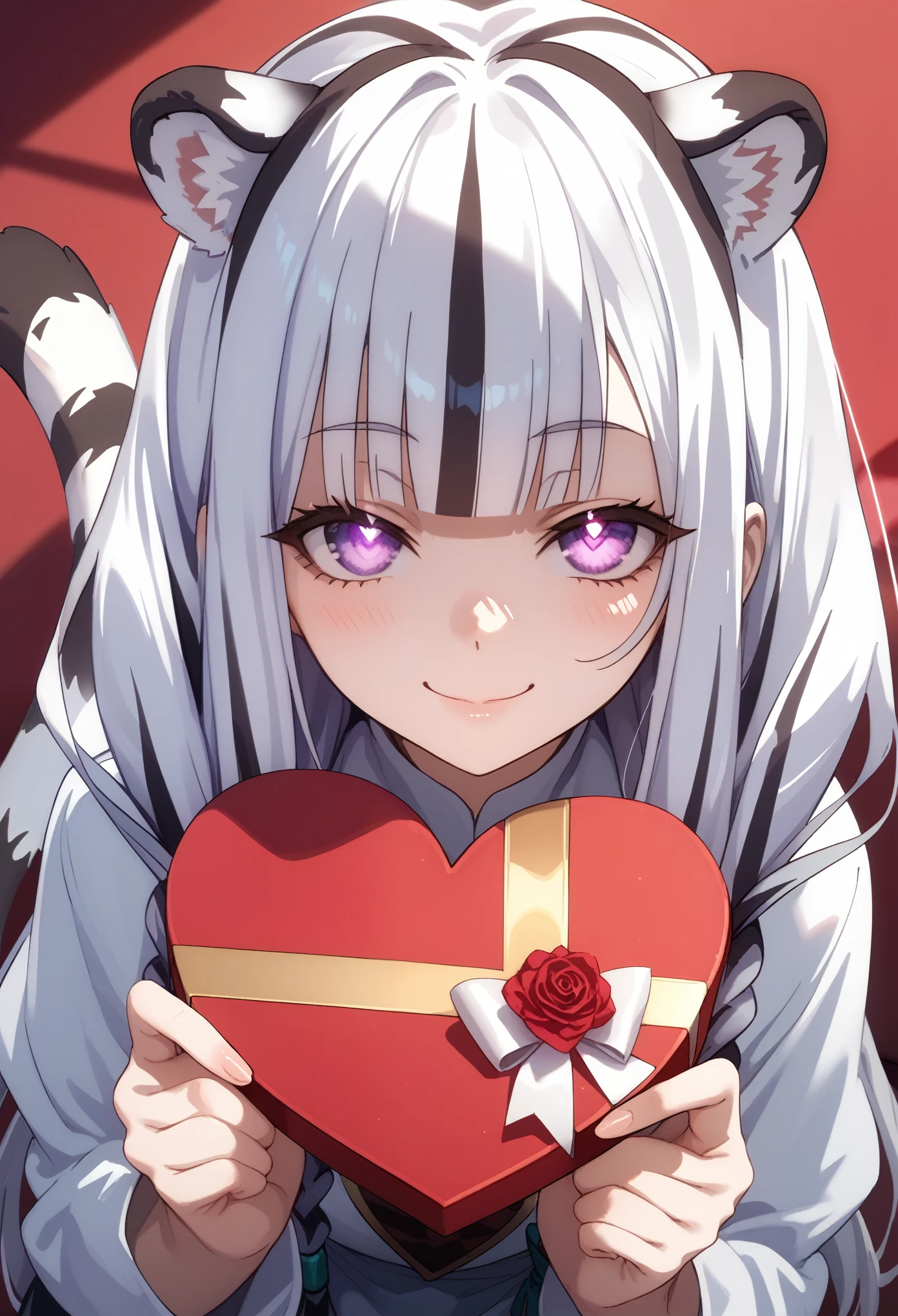 ((masterpiece)), anime style, 1girl, solo, long hair, white tiger ears, white tiger tail, open eyes, purple eyes, glowing eyes, manic smile, Valentine's Day, giving box of chocolate, giving to viewer, viewer POV, looking at viewer, yandere, low twin braids.