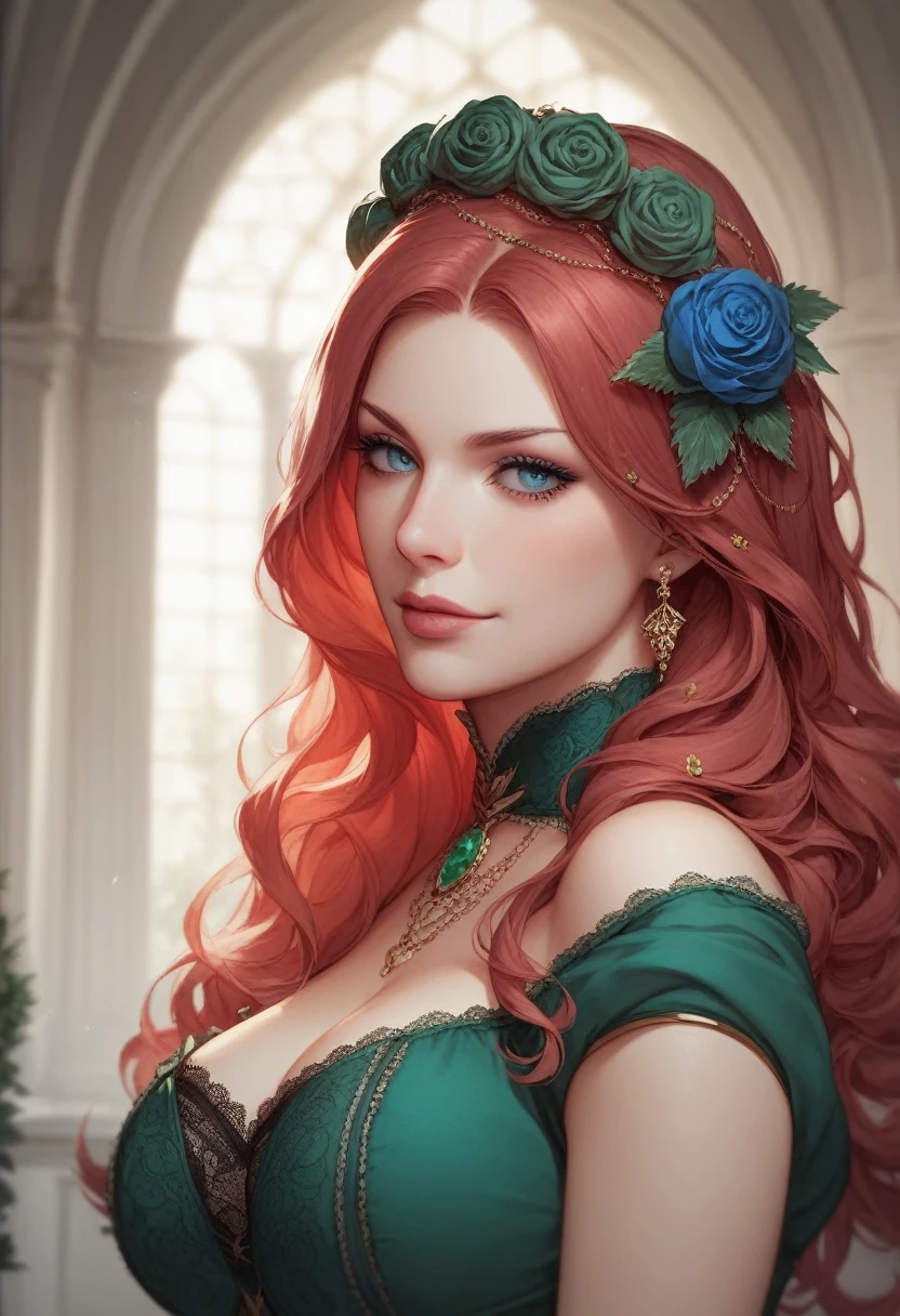 beautiful woman with long red hair and bright blue eyes, tight red dress, in a lush rose garden, head and shoulders portrait