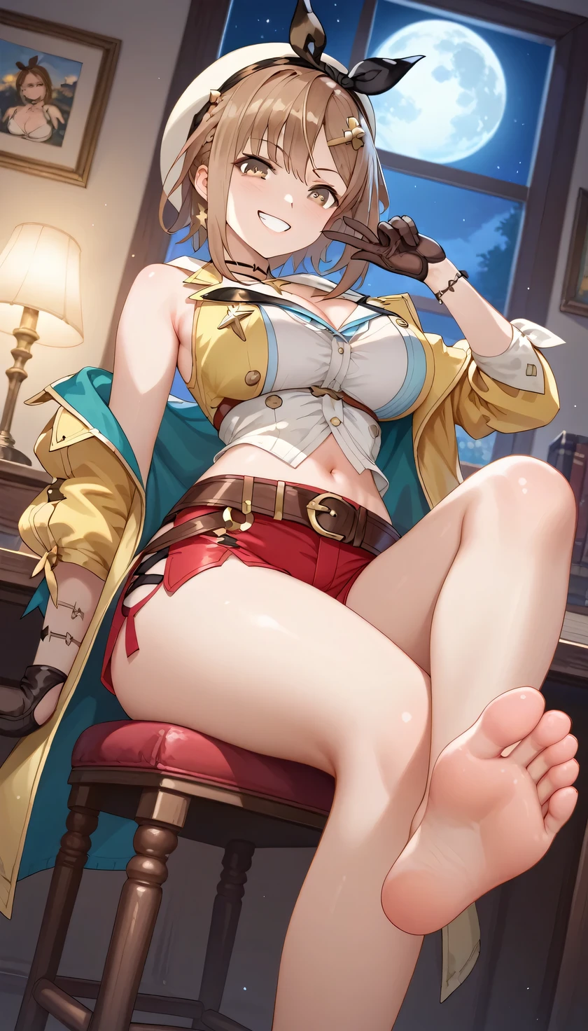 high resolution, (alchemy), girl victory, Liza's room,      Atelier Ryza     , (evil grin), the girl is young,  the girl has big breasts, (very thin waist), big butt, thighs, Thin arms、slender body, (the girl is cute), brown hair, straight short Hair, (Lizarin =Stout ),  yellow sleeveless jacket with hood 、 cleavage、natural shirt with open chest、 choker with star、Leather gloves、 red shorts with buttons off 、  headband with black bow 、 brown leather belt 、belly button、jitome, night,   Angle from below, Take off half of your pants 、close up sole, (showing off shorts),Cross your legs、 The girl sits on a chair and touches my face with one foot , Showing off the soles of your feet, I'm licking her leg 、