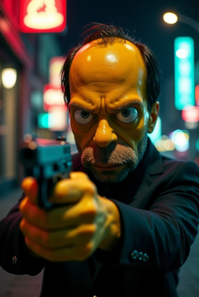 ((masterpiece)) ((photography)) ((Highest quality)) Close-up portrait of Homer Simpson in the style of John Wick, holding a pistol pointed directly at the viewer. The character is in a sharp black suit with intense focus in his eyes, his hair slicked back. The background features a nighttime urban scene with neon lights, blurred to create a cinematic bokeh effect. The lighting is moody with soft highlights emphasizing Homer’s expression, casting subtle shadows for depth. The camera angle is a low wide shot to emphasize the dynamic perspective, with detailed texturing on Homer’s skin and suit for photorealistic quality. Rendered in UHD HDR 8K with a hyper-realistic and cinematic tone.  

Lens details: 85mm lens, f/1.4 aperture, shallow depth of field.  
Lighting: Neon glow with soft directional lighting to accentuate character features.