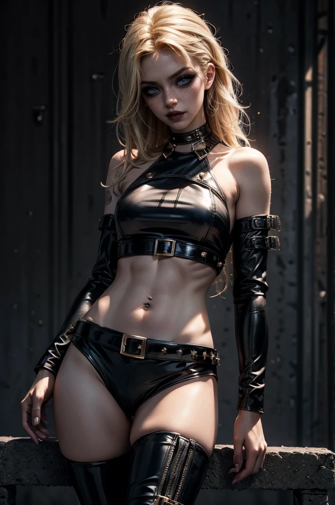 lora_Emma, a skinny blonde girl wearing full black shiny and glossy leather outfit, innocent look, studded belts, chains, zippers, exposed midriff, navel piercing, belly tattoos, glamorous makeup, dramatic lighting, photorealistic, highly detailed, 1girl, beautiful detailed eyes, beautiful detailed lips, extremely detailed eyes and face, long eyelashes, high fashion, edgy, dark and moody, intense, cinematic, chiaroscuro lighting, cinematic composition, stunning, mesmerizing