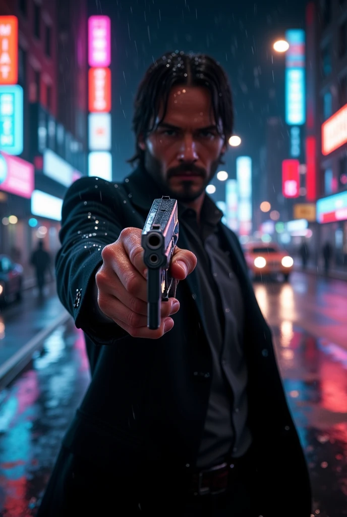 ((masterpiece)) ((photography)) ((Highest quality)) A close-up portrait of John Wick in a tense action pose, pointing a sleek pistol directly at the viewer. He wears his iconic black suit, with detailed textures and subtle wear on the fabric. His face is rugged, with sharp features and a piercing gaze, conveying intense focus. The background is a rainy city street at night, with blurred neon lights and streaks of motion from passing vehicles. Droplets of rain scatter through the frame, adding kinetic energy to the scene. The cinematic lighting casts soft highlights across his face and gun, enhancing the dramatic mood.  

Camera details: 85mm lens, f/1.2 aperture for an ultra-shallow depth of field.  
Lighting: High-contrast neon light from the background, with reflective rain effects.  
Render: UHD HDR 8K for hyper-realism.