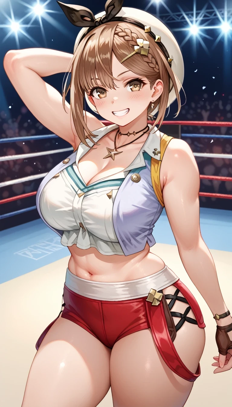 high resolution, (mixed wrestling), girl victory,     Atelier Ryza    , (mesugaki), grin, the girl is young, short,  the girl has big breasts, (very thin waist), big butt, and plump thighs, Thin arms、(the girl is cute), brown hair, straight short Hair, (Lizarin    =Stout ), I&#39;m not wearing any clothes、grin,naked, Separated chest、 choker with star、Leather gloves、  headband with black bow  、belly button、jitome, night, Angle from below, 1penis, foreskin of the penis, eject cum, woman on top, I am lying under the girl, (thighsjob), the girl is pinching my penis between her thighs、The girl keeps her thighs in close contact with my penis、 and close her thighs、Close her legs、Poke your penis with her finger、 white panties 、facesitting, 