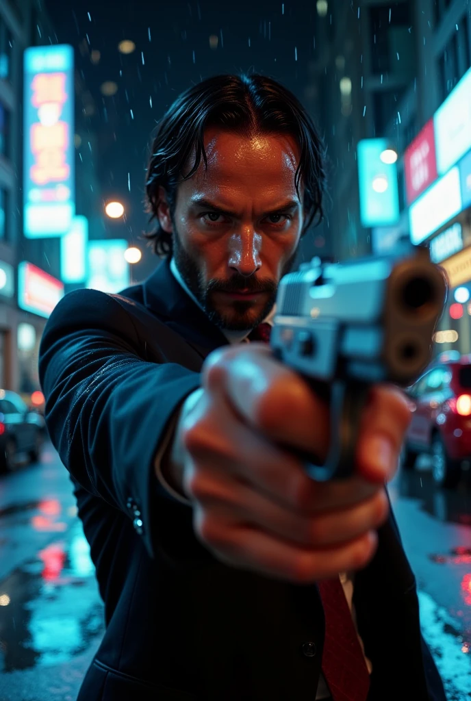 ((masterpiece)) ((photography)) ((Highest quality)) A close-up portrait of John Wick in a tense action pose, pointing a sleek pistol directly at the viewer. He wears his iconic black suit, with detailed textures and subtle wear on the fabric. His face is rugged, with sharp features and a piercing gaze, conveying intense focus. The background is a rainy city street at night, with blurred neon lights and streaks of motion from passing vehicles. Droplets of rain scatter through the frame, adding kinetic energy to the scene. The cinematic lighting casts soft highlights across his face and gun, enhancing the dramatic mood.  

Camera details: 85mm lens, f/1.2 aperture for an ultra-shallow depth of field.  
Lighting: High-contrast neon light from the background, with reflective rain effects.  
Render: UHD HDR 8K for hyper-realism.