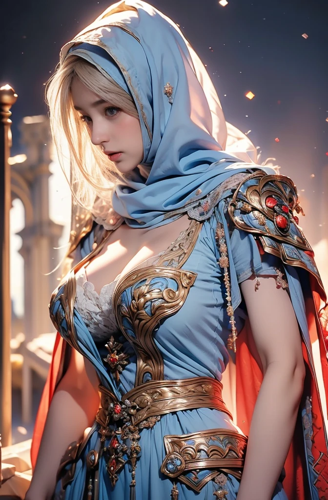 Erect nipples, wearing a hijab , luxury hijab,crown luxury , blue eye, blond hair, around 17 years old, (gold ), tmasterpiece，Best quality at best，A high resolution，8K，((Portrait))，(upper body)，Original photo，real photograph，digital photography，(Female princess in the medieval fantasy style), sexy princess ，blue eye， super colossal breast, round colossal breast ，open kissing lips，Keep your mouth shuegant and charming，((Blushing))，virgin contempt，Calm and handsome，(Medieval fantasy dress，The Beautiful super huge round breast, small waist, perfect colossal breast of princess body, a blue delicate pattern，silver Cloak)，(princes medieval character medieval fantasy style，oc render reflection texture, fighting style,  sexy colossal breast , medieval castle background, slim body, very small waist, tall body, 