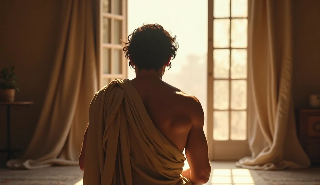 A male stoic philosopher with a well-proportioned and attractive physique, wearing classic tunics that drape slightly transparent over his body, subtly revealing parts of his shoulder. He stands in a dimly lit but not overly dark room, his expression a mix of shock and sorrow as he realizes the betrayal of a trusted friend. The friend's figure is partially visible in the background, with a look of regret but still holding a concealed dagger behind his back. The lighting is dramatic yet balanced, with soft shadows that highlight the stoic's face and the tension in the scene, but without overwhelming darkness. The background is minimalist, allowing the focus to remain on the emotional weight between the two characters, framed with a subtle vignette for a cinematic effect that is powerful yet viewer-friendly for YouTube. The scene is set in a vibrant, impressionist landscape with rich colors and dynamic brushstrokes, creating a sense of movement and emotion.