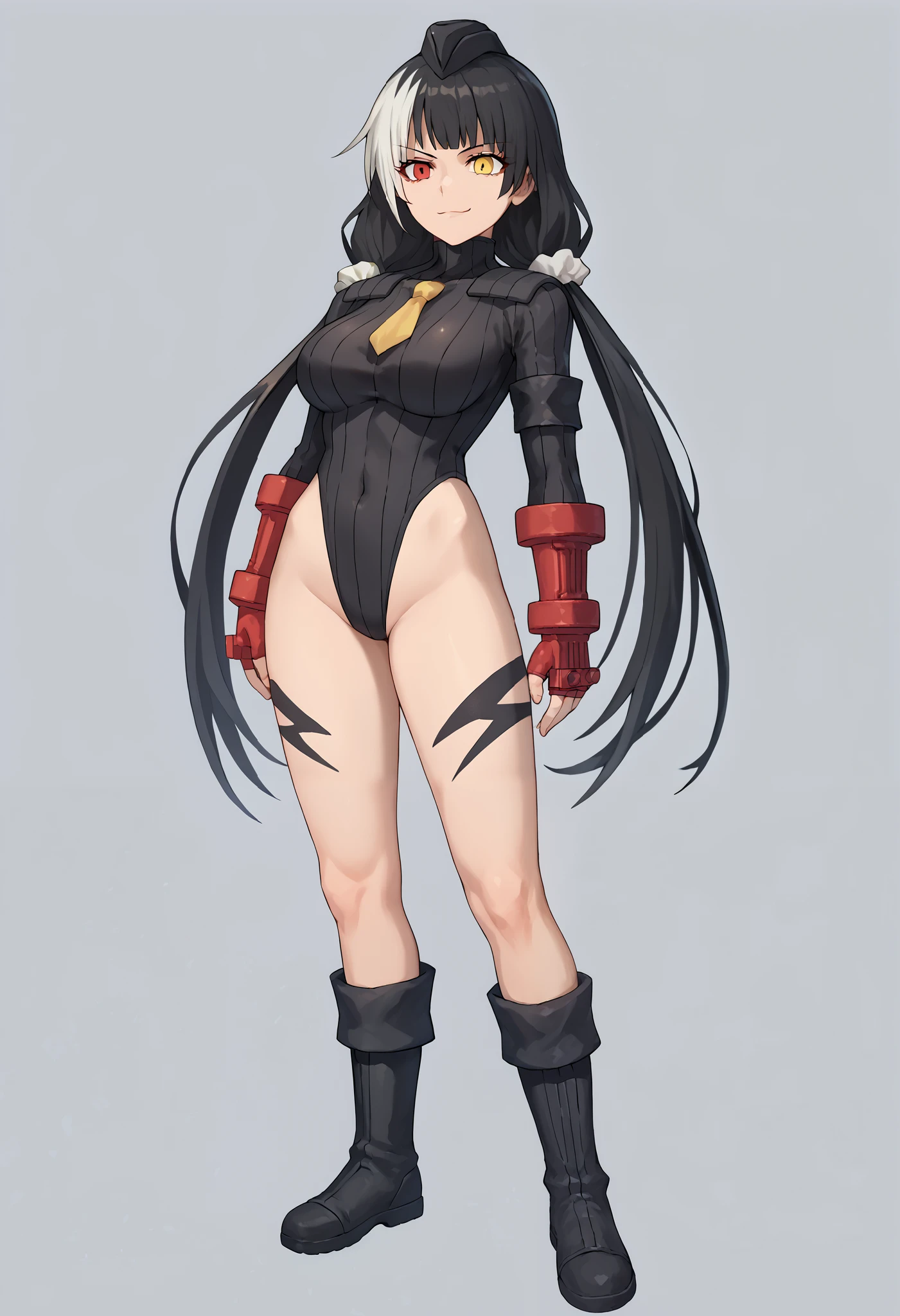 score_9, score_8_up, score_7_up, BREAK source_anime, (absurdres, masterpiece, high quality,perfect body, nice eyes, nice face), 1 girl,jelorodef,large breasts,black hair,streaked hair,hair scrunchie,low twintails,red eyes,heterochromia,yellow eyes,((black dollsuit)),yellow tie,dark persona,corruption,standing at attention, smirk, shoulder view,simple background,full body