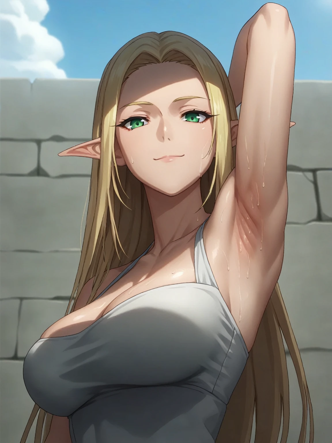 score_9, score_8_up, score_7_up, source_anime, anime screencap, 1girl, solo, celestine, long hair, blonde hair, green eyes , elf ears, Large breasts, white dress, cleavage, arm behind head, armpit, armpit focus, from side, (from below:1.1), looking at viewer, head towards viewer, smile, closed mouth, badhandv4, outdoors, day, sweaty armpits