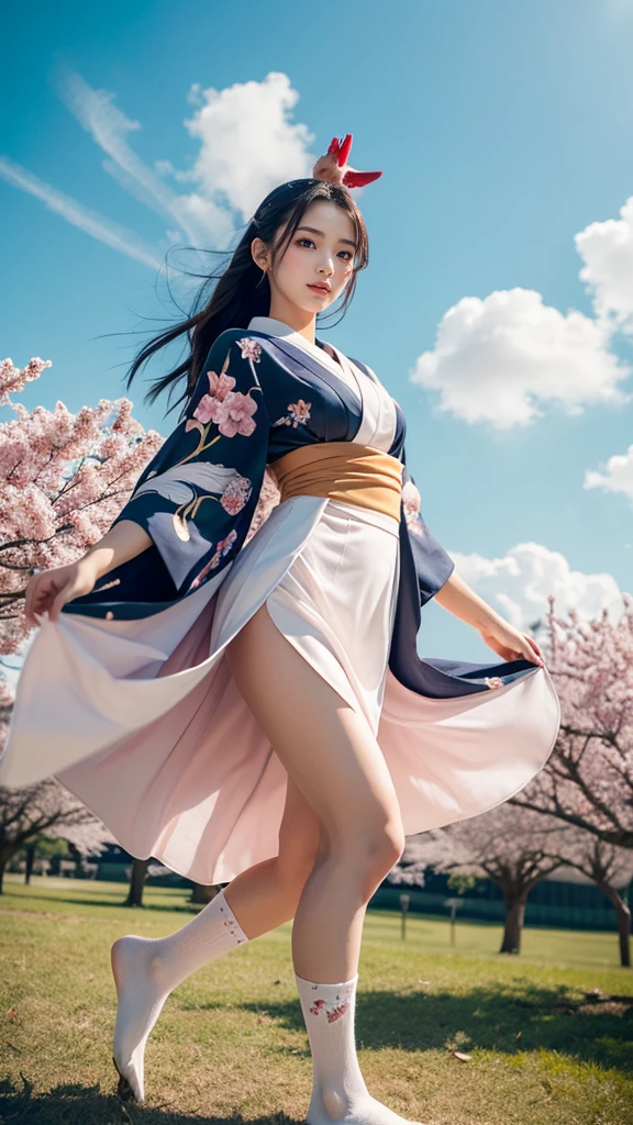 Highest quality,Realistic,masterpiece,detailed,High resolution,25Old woman 、High resolution、High resolution、8Kin、RAW Photos、Highest quality、masterpiece、,(masterpiece),(Highest quality),hyper detailed,Realistic,perfect aninomy,Perfect Face, sexy,Fascinating,One person,Japanese,geisha,Long Hair,Exposing shoulders,kimono,white_Knee socks, Sitting,Holding,swing,Wind,in spring, ((Riding on a swing))、((Looking up from below)).、Falling petals,cherry blossoms,(Looking_in_Audience),dynamic_angle,