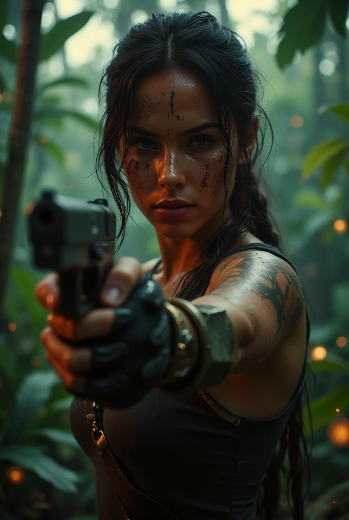 ((masterpiece)) ((photography)) ((Highest quality)) Close-up of Lara Croft in a dynamic pose, holding a gun aimed directly at the viewer. She is dressed in her signature adventurer outfit, with a torn tank top and fingerless gloves, her hair tied back in a loose braid. Her expression is intense yet confident, with dirt and subtle scratches on her skin. The background is a dense jungle at twilight, with blurred foliage and faint glowing fireflies. The lighting highlights her determined gaze, with soft shadows adding depth to the scene.  

Camera details: 85mm lens, f/1.4 aperture for a cinematic close-up.  
Lighting: Soft directional light with warm tones from the jungle background.  
Render: Photorealistic UHD HDR 8K, detailed textures and dynamic composition.