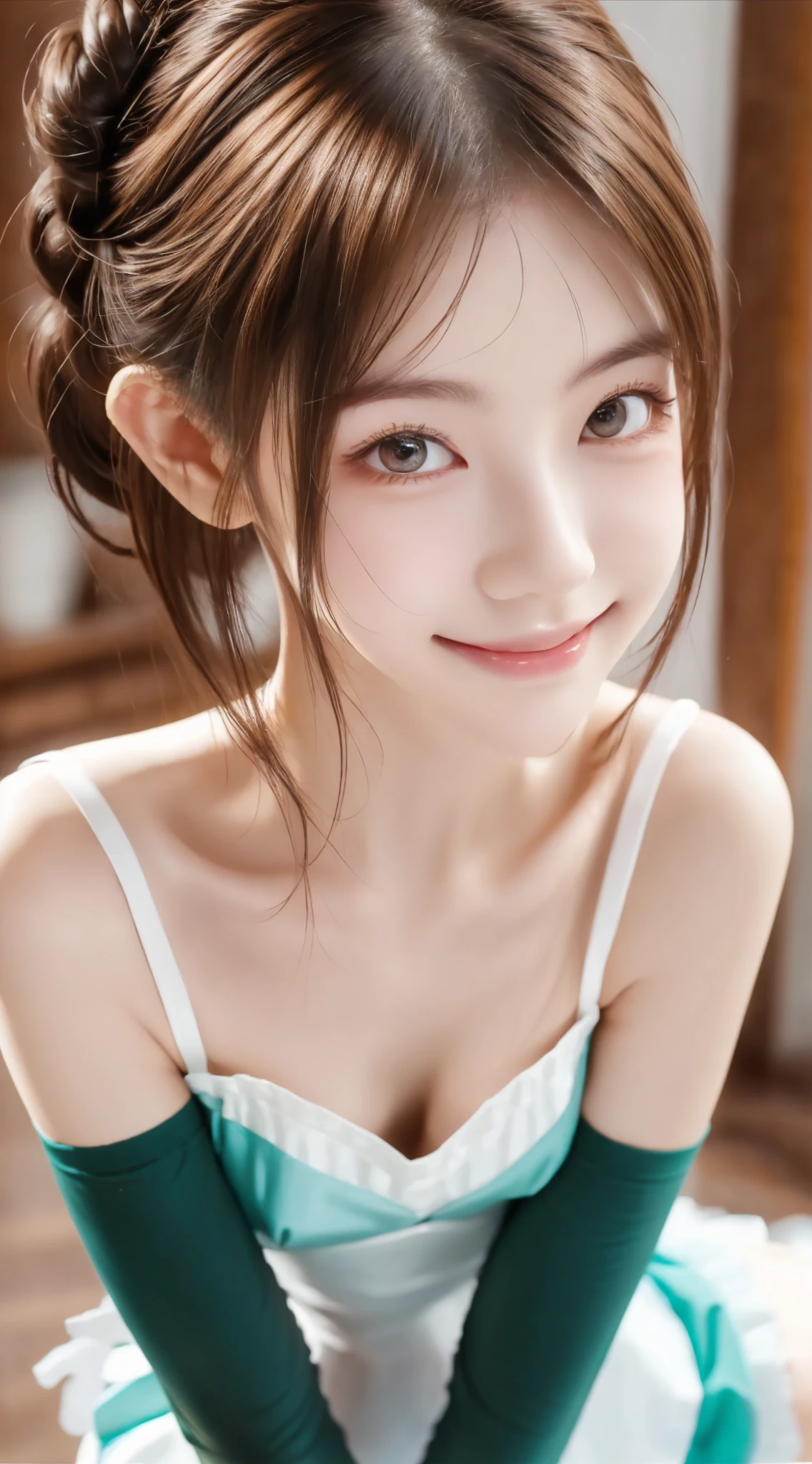 Maid, cute girl,masterpiece,  high definition  ,8k,16k,  white skin,  bun hair, Teal Eyelids, brown hair, delicate, Thin arms,  black stockings ,Thin legs, Slender body ,smile