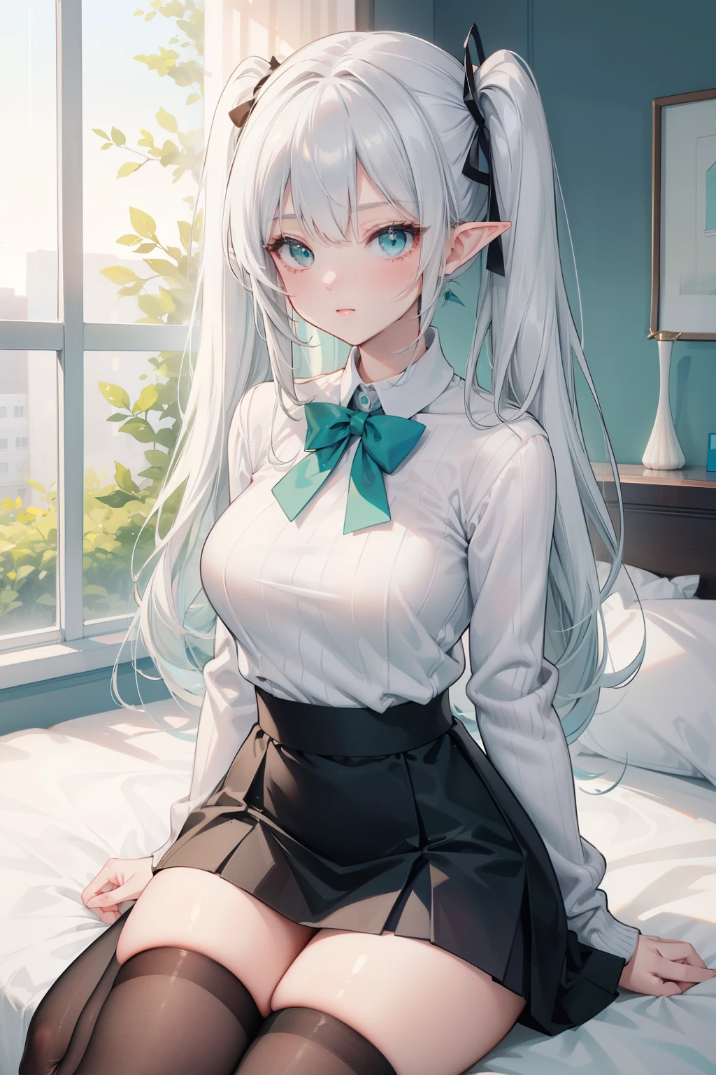 Elf, Silver Hair, In the torture chamber, Lying on a bed and crucified, school uniform, White shirt, skirt, Open your mouth, Raise your hands above your head, Crying face, Small breasts, Bound with big black handcuffs, Spread your legs
