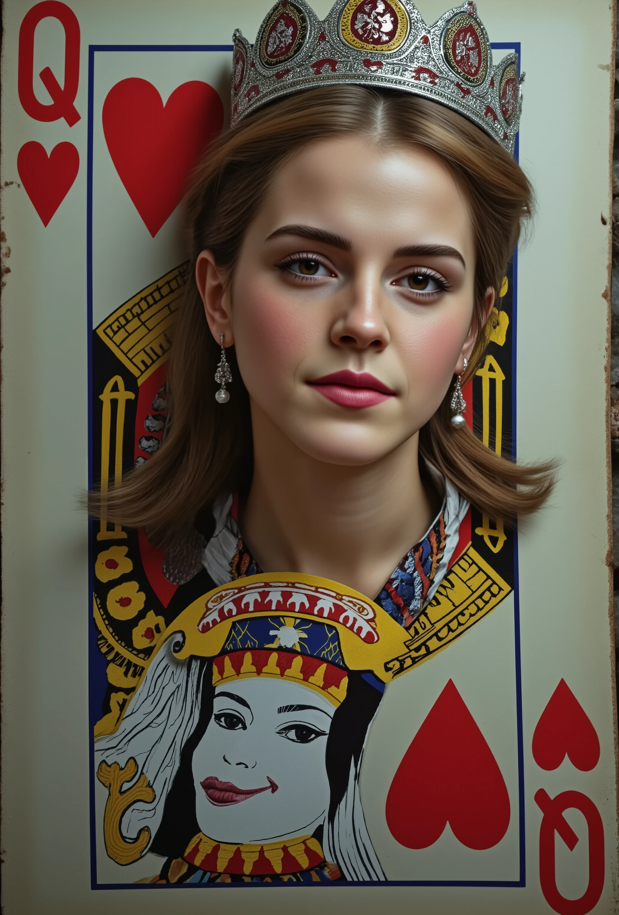 Portrait of a realistic, beautiful queen emerging from a large playing card depicting the Queen of Hearts. The queen is stepping out of the card, with half her body visible outside the card and half still inside. The playing card is upright and life-sized compared to the queen.
