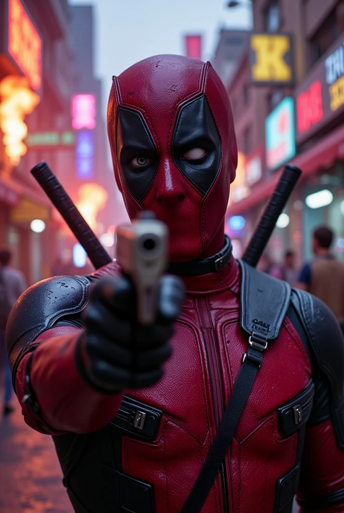 ((masterpiece)) ((photography)) ((Highest quality)) Close-up of Deadpool aiming a gun directly at the viewer, his signature red-and-black suit detailed with scuff marks and seams. His pose is playful yet menacing, with one eye squinted and the other wide open in mock seriousness. The background is a chaotic street scene with blurred neon signs and explosions in the distance, adding kinetic energy to the frame. The lighting emphasizes the texture of his suit, with bright highlights from the surrounding action.  

Camera details: 70mm lens, f/2.0 aperture for a balanced depth of field.  
Lighting: Vibrant neon highlights with high contrast, emphasizing Deadpool’s quirky personality.  
Render: Cinematic UHD HDR 8K, hyper-realistic with a comedic edge..