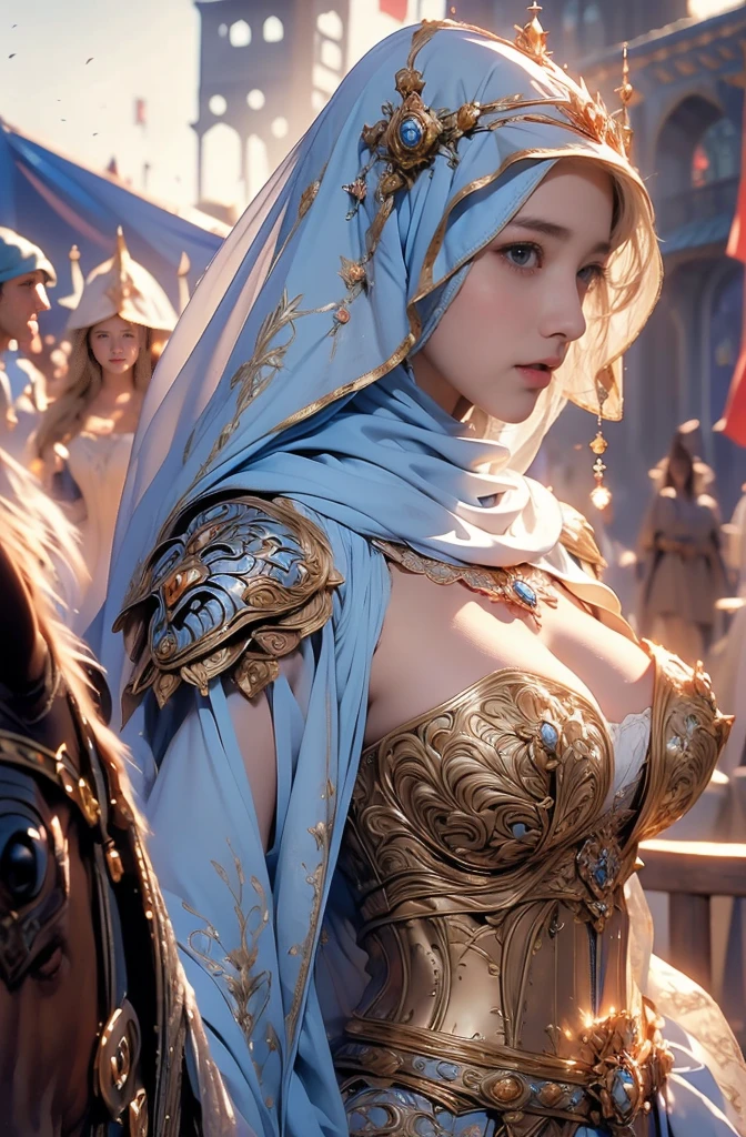 wearing a hijab  , blue eye, blond hair, around 17 years old, (golden silver hijab), tmasterpiece，Best quality at best，A high resolution，8K，((Portrait))，(upper body)，Original photo，real photograph，digital photography，(Female princess in the medieval fantasy style)，(Medieval princess in fantasy style), sexy princess ，blue eye， super colossal brest, round colossal breast extravagant ornament，cparted lips，Keep your mouth shuegant and charming，((Blushing))，virgin contempt，Calm and handsome，(Medieval fantasy dress，The Beautiful super huge round breast, small waist, perfect colossal breast of princess body, a blue delicate pattern，red Cloak)，(princes medieval character medieval fantasy style，oc render reflection texture, sexy style,  sexy colossal breast , medieval castle background, slim body, very small waist, 