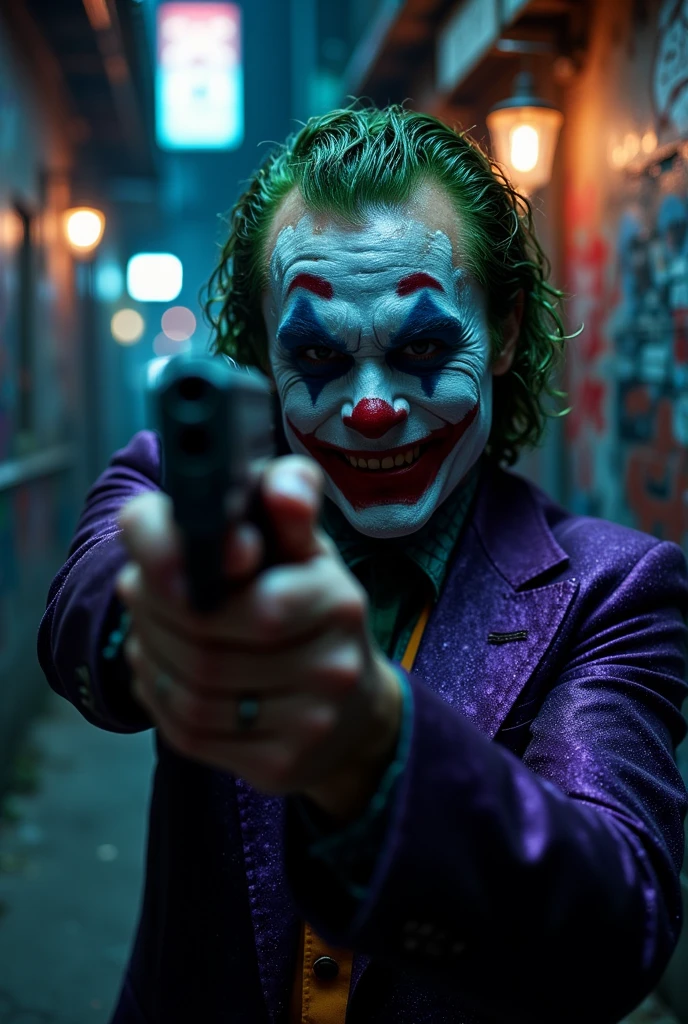 ((masterpiece)) ((photography)) ((Highest quality)) Close-up portrait of the Joker aiming a gun at the viewer, his face painted in his signature white makeup with a sinister red grin and smeared green hair. He wears a deep purple suit with textured lapels and a chaotic expression of glee and menace. The background is a moody urban alley, blurred with graffiti and dimly lit streetlights. The lighting is dramatic, casting sharp contrasts to enhance his psychotic persona.  

Camera details: 50mm lens, f/1.8 aperture for a balanced focus on the character.  
Lighting: Low-key lighting with neon undertones, emphasizing the eerie mood.  
Render: UHD HDR 8K, capturing intense details and a chilling atmosphere.