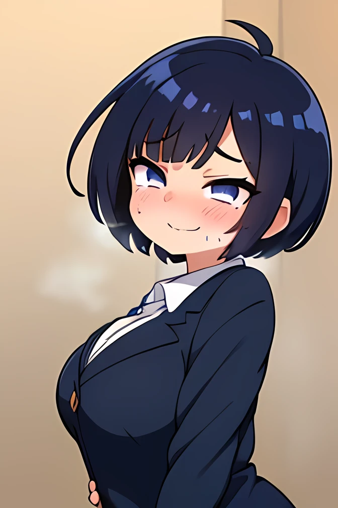 ((( High Quality , high definition ,))),(Female :1.4),Adult women,iris, soft lips ,iris, dark eyes,( small eyes ),(Slanted Eyes), black hair,(((short hair))),(((short sutature))),((chubby)), huge breasts,Blue blazer, face smiling at the viewer,(( shivers at sexual climax)),((Frustrated face)),(( sweaty :1.3)),