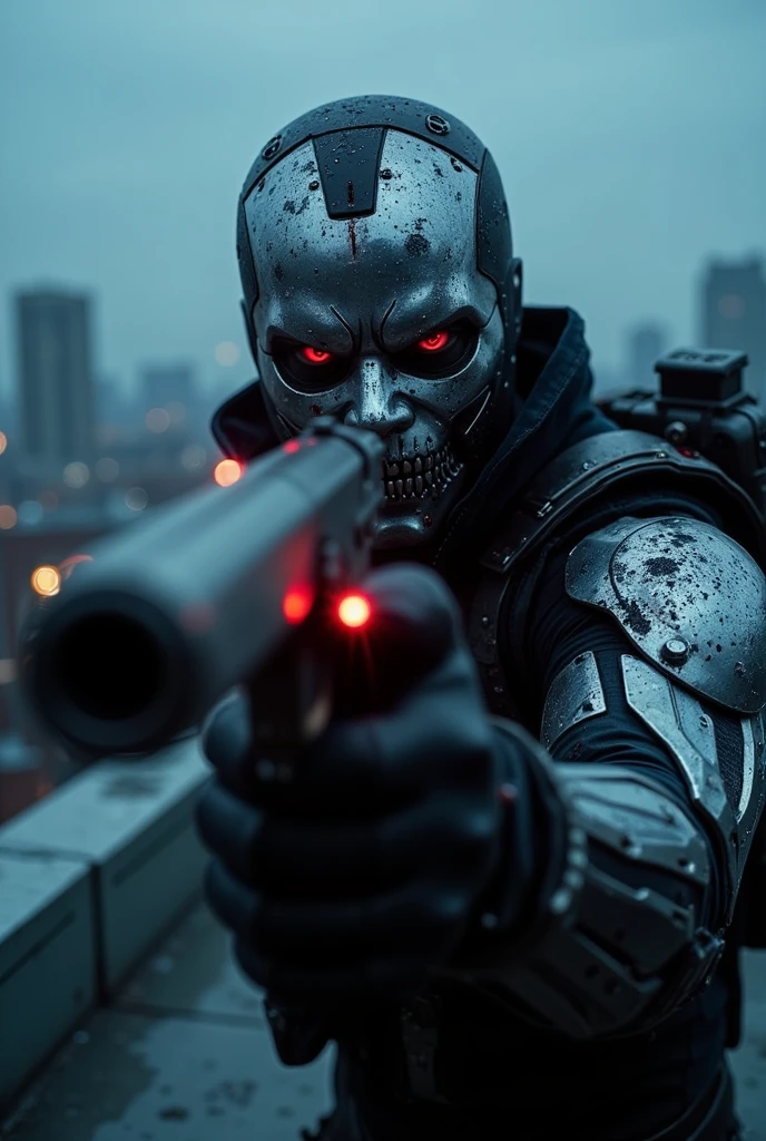 ((masterpiece)) ((photography)) ((Highest quality)) Close-up portrait of Deadshot aiming his sniper pistol directly at the viewer. His mask is detailed with metallic textures, with one red targeting lens glowing ominously. His tactical suit is dark and armored, with visible scratches and battle damage. The background is a high-tech urban rooftop, blurred to create depth, with faint lights from a distant cityscape. The lighting is cold and harsh, highlighting the mechanical details of his mask and weapon.  

Camera details: 100mm lens, f/2.8 aperture for sharp focus on character details.  
Lighting: High-contrast lighting with cool tones, emphasizing the metallic textures.  
Render: UHD HDR 8K, with hyper-realistic details and a gritty aesthetic.