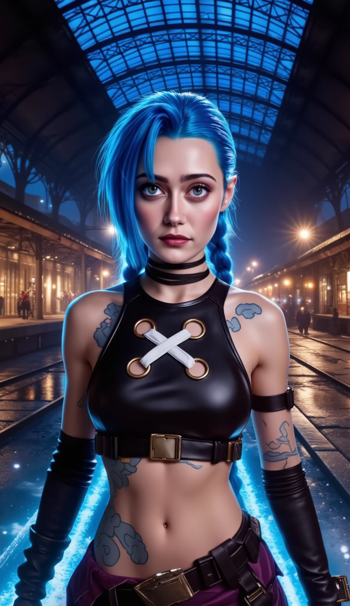 ell4purn3llflx as jinx from Arcane (j1nxflx), a portrait of a stylized, j1nxflx character with a striking appearance. The character has long, vibrant blue hair styled in braids, and intense pink eyes that stand out against her fair skin. She wears a black leather top with crisscrossed straps and a choker, exuding a tough, rebellious vibe. She has an cocky defiant smirk. Her arms are adorned with blue tattoos, adding to her distinctive look. The background In the background is a nighttime railway station under a huge roof, steampunk style, enhancing the bold and energetic feel of the image. The overall composition is centered, focusing on the character's upper body and intense gaze, creating a powerful visual impact. 