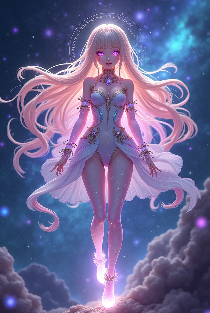 Envision an expansive astral plane, aglow with the soft luminescence of starry yellows and reds, endlessly soaring upward. Central to this celestial scape is a woman of grandeur, with a luminous white body, exuding a sense of profound power and allure. Beautiful face, Beautiful eyes, features prominent glowing attributes, as if gently interfacing with the astral fabric. The lower half of its form transitions into a dark, vaporous essence that drifts behind like a comet's tail, fusing with the astral hues. The portrait is designed to capture the magnificent presence of a being in complete harmony with the cosmos, an incarnation of the surreal and mystical.