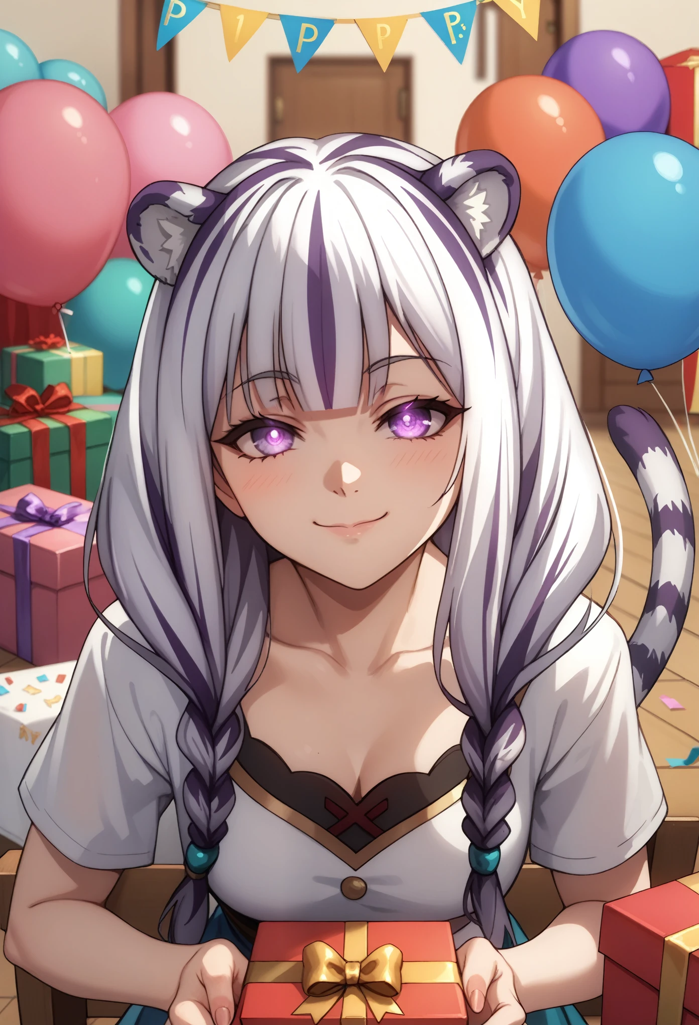 ((masterpiece)), anime style, 1girl, solo, long hair, white tiger ears, white tiger tail, open eyes, purple eyes, glowing eyes, manic smile, birthday party, viewer's birthday, giving giftbox, giving to viewer, viewer POV, looking at viewer, yandere, low twin braids, closed mouth.