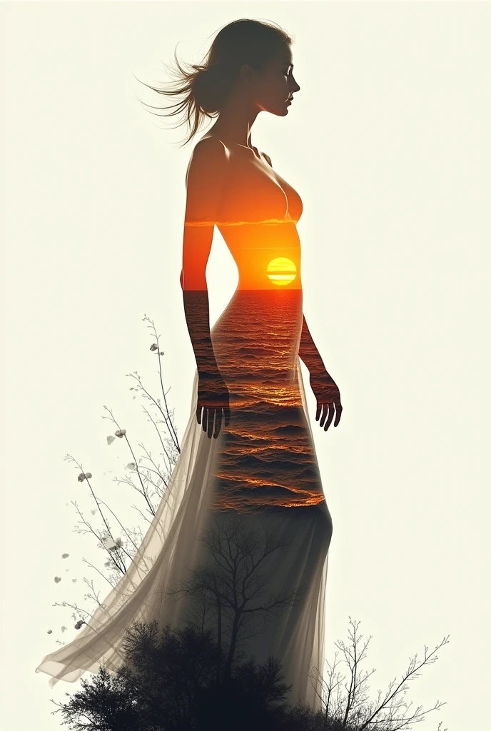 high quality, 8K Ultra HD, A beautiful double exposure that combines an goddess silhouette with sunset coast, sunset coast should serve as the underlying backdrop, with its details incorporated into the goddess , crisp lines, The background is monochrome, sharp focus, double exposure, by yukisakura, awesome full color,