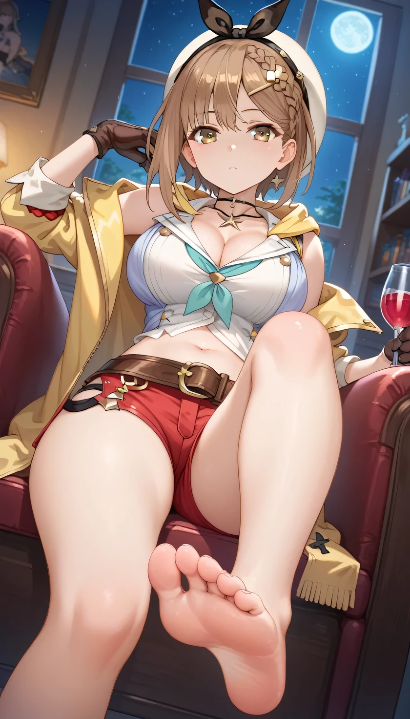 high resolution, (alchemy), girl victory, Liza's room, Atelier Ryza , (Squinting and expressionless ), the girl is young, the girl has big breasts, (very thin waist), big butt, thighs, Thin arms、slender body, (the girl is cute), brown hair, straight short Hair, (Lizarin =Stout ), yellow sleeveless jacket with hood 、 cleavage、natural shirt with open chest、 choker with star、Leather gloves、 red shorts with buttons off 、 headband with black bow 、 brown leather belt 、belly button、jitome, night, Angle from below, Take off half of your pants 、close up sole, (showing off shorts),Cross your legs、 the girl sits on a chair and touches my face with one foot , Showing off the soles of your feet, (I'm licking the soles of her feet)、